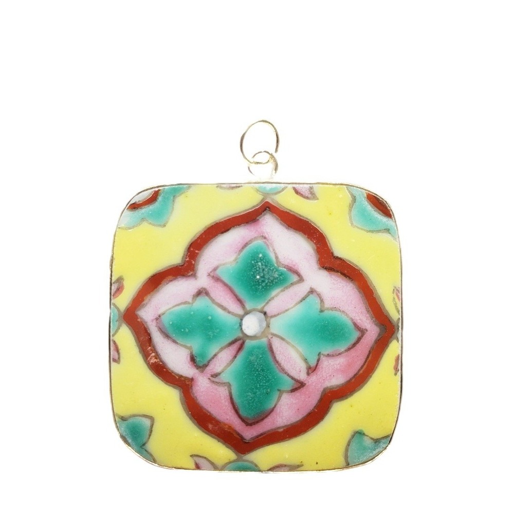 Hand Painted Ceramic Tile Pendant Floral Folk Art Mandala Square Yellow Pink